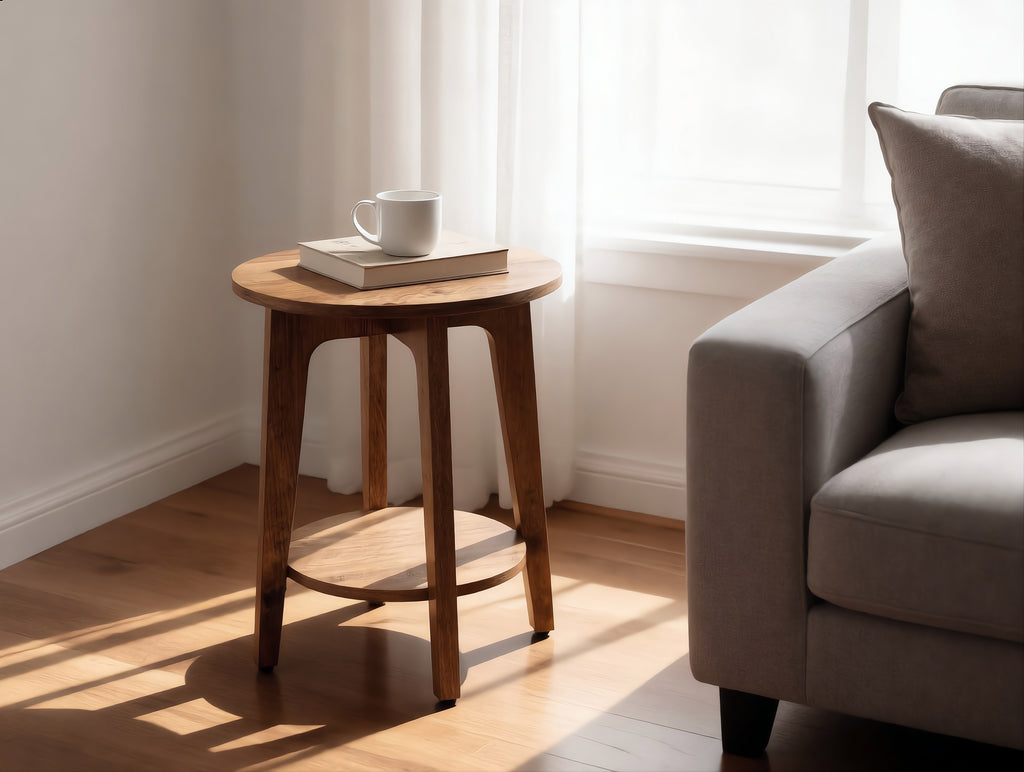 Round Wooden Side Table With Storage Shelf