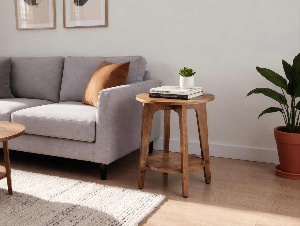 Round Wooden Side Table With Storage Shelf